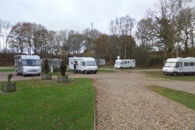 Bertie on site amongst his new Hymer friends at the Old Brick Kilns campsite