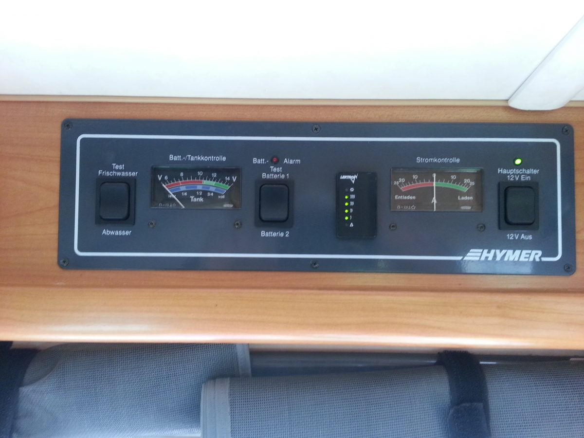 Hymer control panel showing the LPG level guage