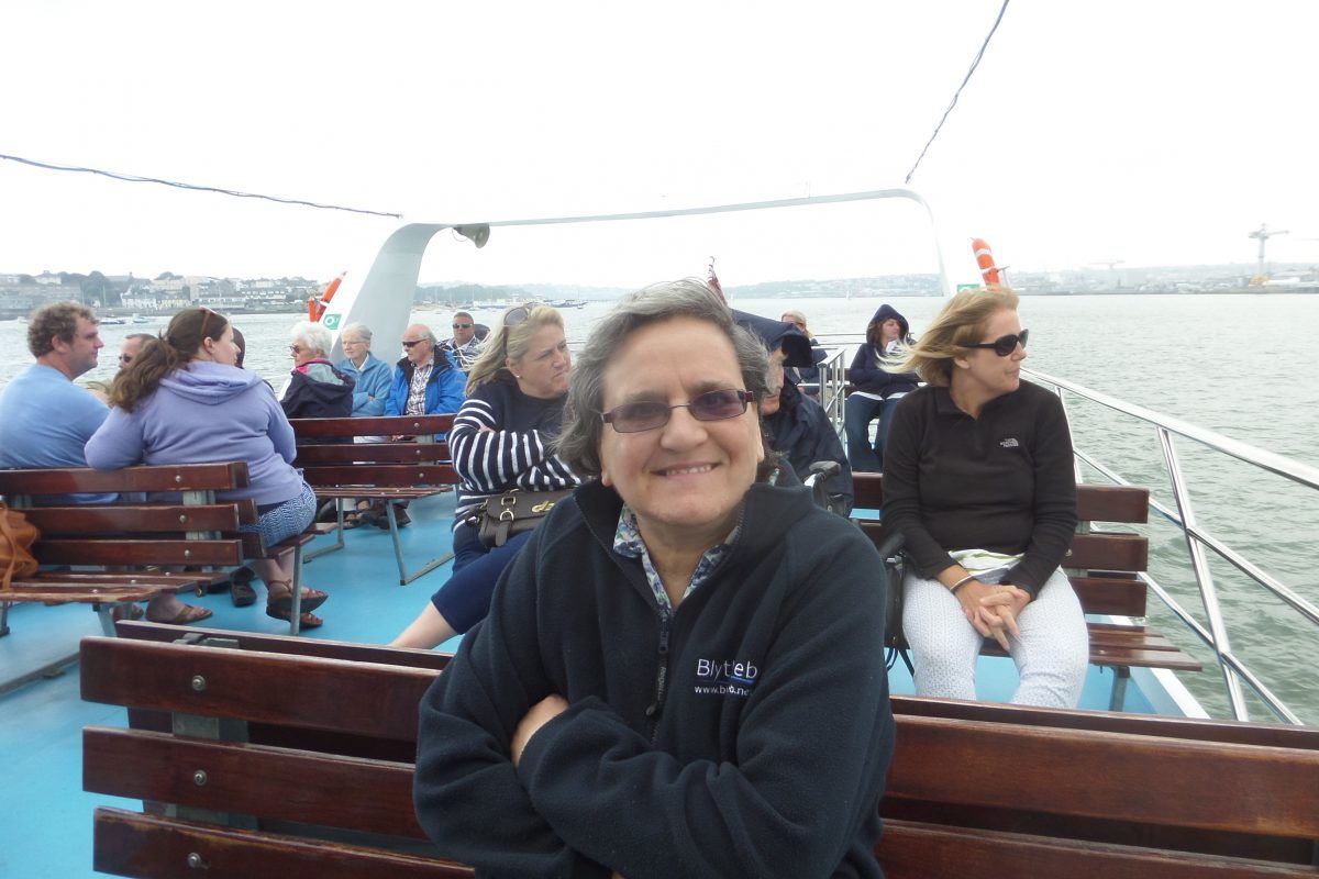 Eileen enjoying a bracing boat trip around Plymouth Harbour