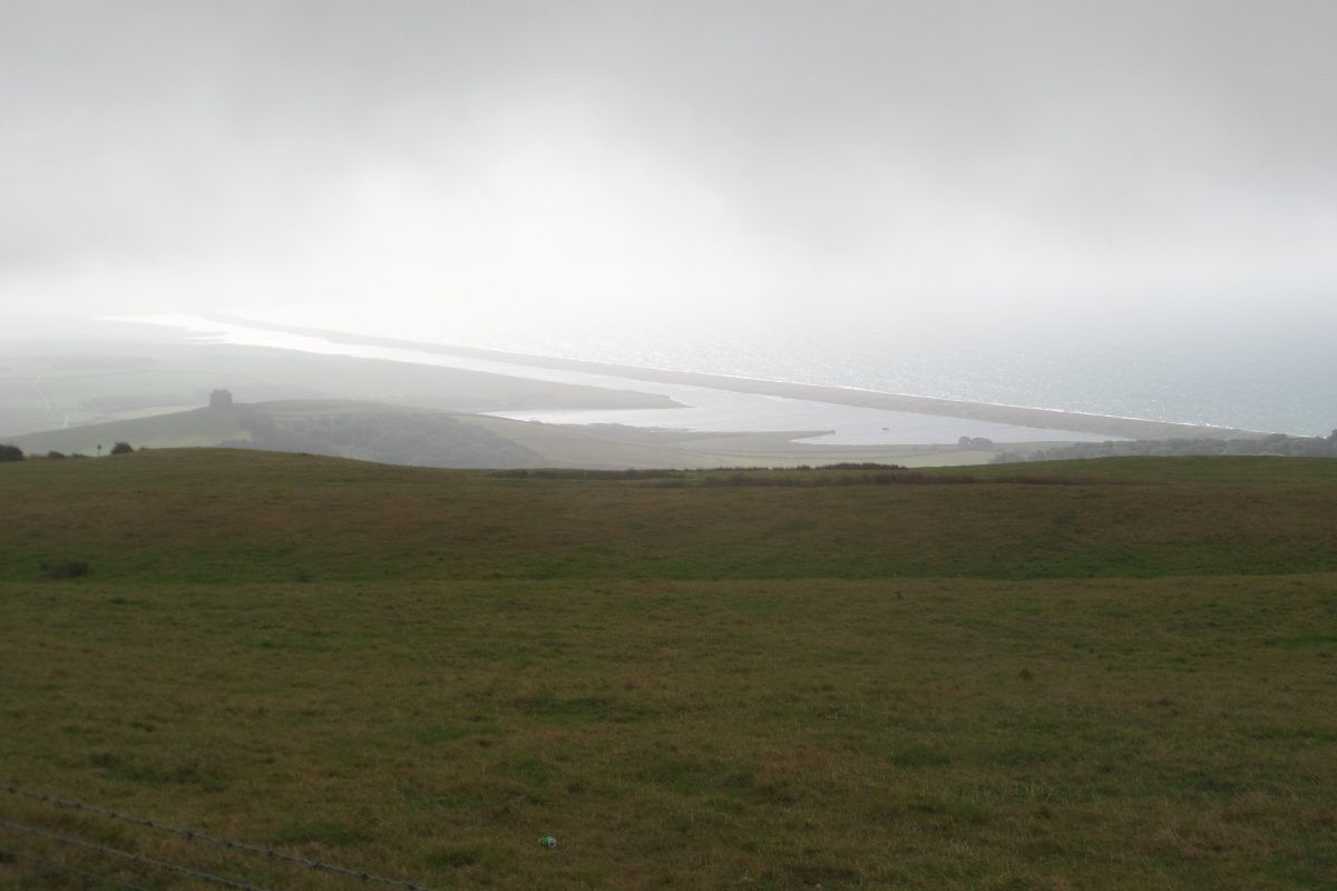 The northern end of Chesil Beach seen from hill above Abbotsbury.